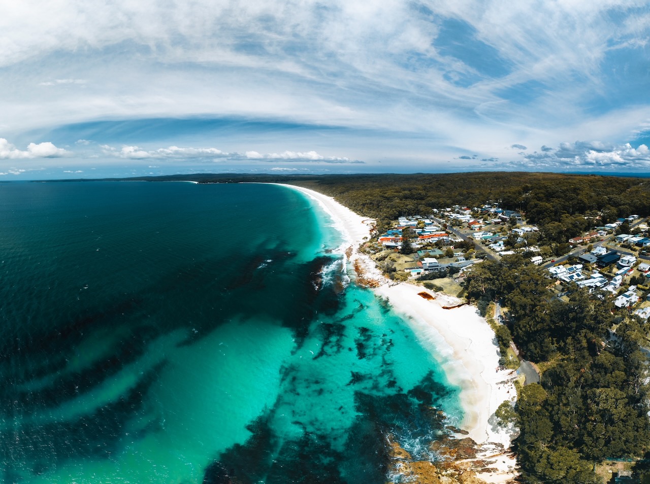 Jervis bay Panorama Aerial Drone Picture of the white sand Hyams beach in New South Wales, Australia