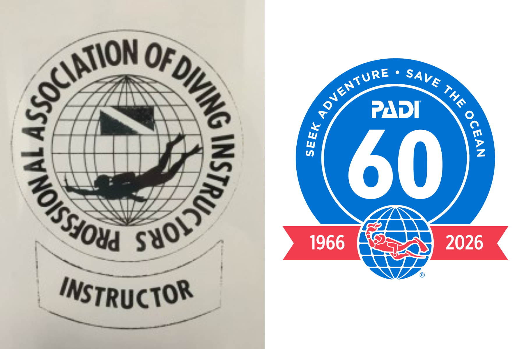 the PADI logo from 1966 sitting next to the PADI 60th anniversary logo, revealed in 2026