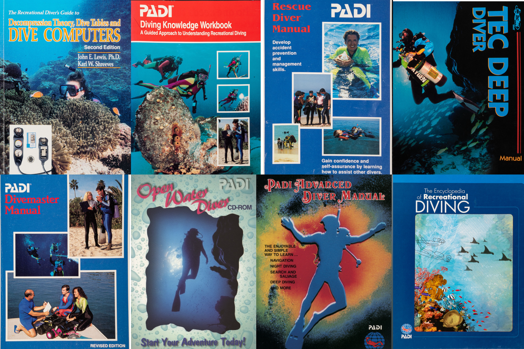 various covers from PADI learning materials through the years