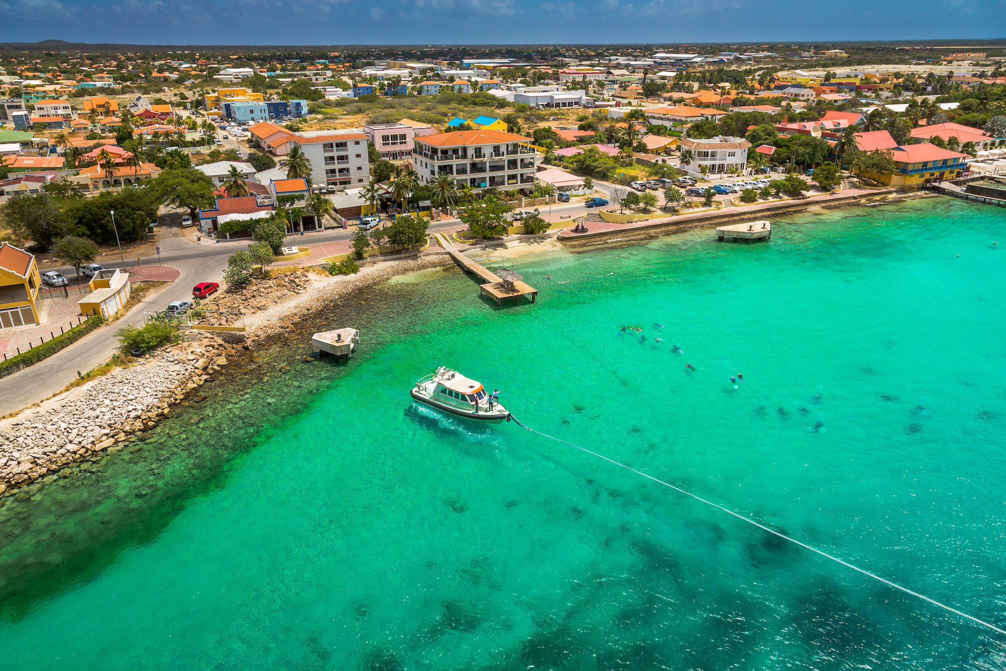 An aerial view of the beach and sea at Bonaire, which many scuba divers consider the best Caribbean island for shore diving