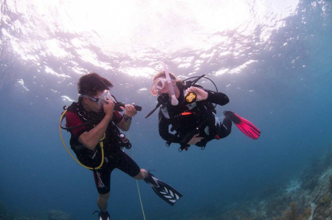 two divers look at each other underwater, equalizing and adjusting their buoyancy