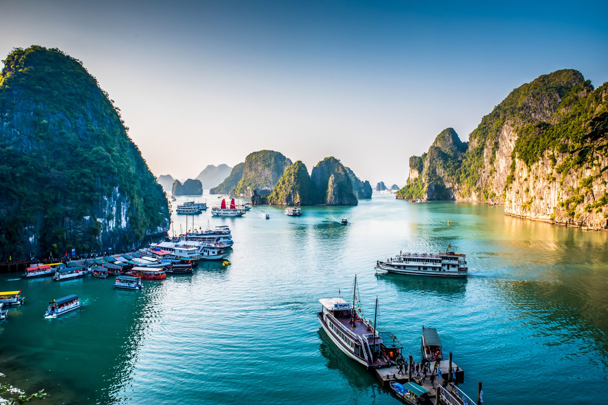 A busy water scene in Vietnam, often considered the best place to go scuba diving in March for unspoilt reefs and macro life