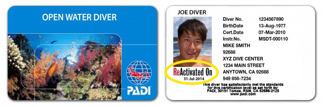 A PADI certification card which has been ReActivated after completion of the PADI ReActivate scuba diving refresher program