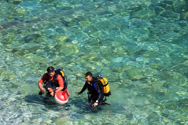 two divers exit the water onto shore