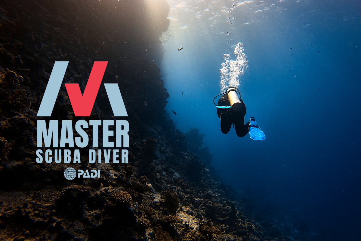 Image of a scuba diver exploring a drop-off wall and a PADI Master Scuba Diver graphic attached.