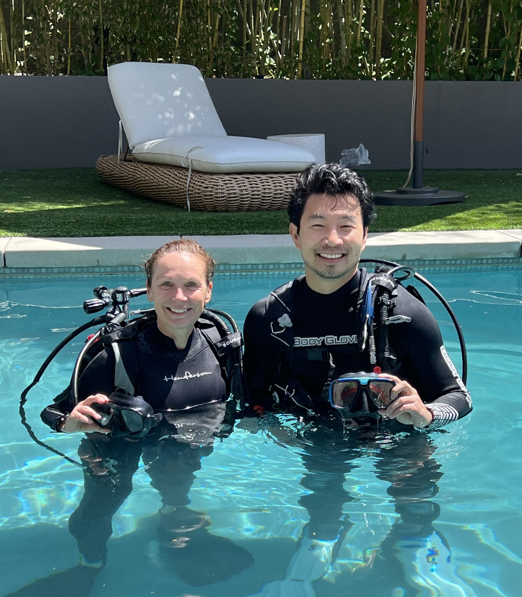 Actor Simu Liu learns to scuba dive with PADI AmbassaDiver and Instructor Szilvia Gogh