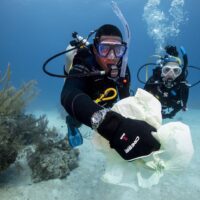 Two divers picking up rubbish underwater, one holds a plastic bag