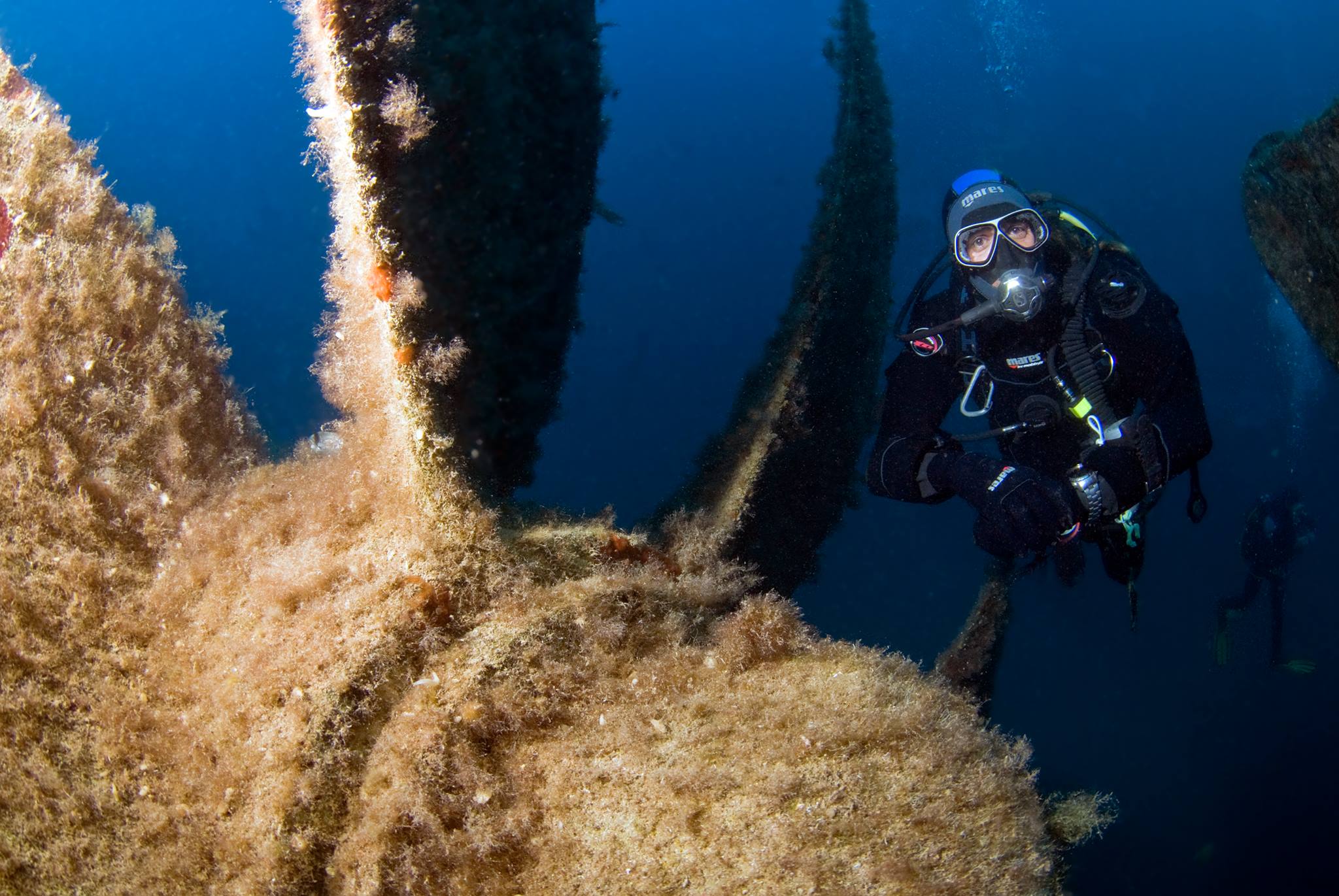 A diver poses next to a boat propeller underwater