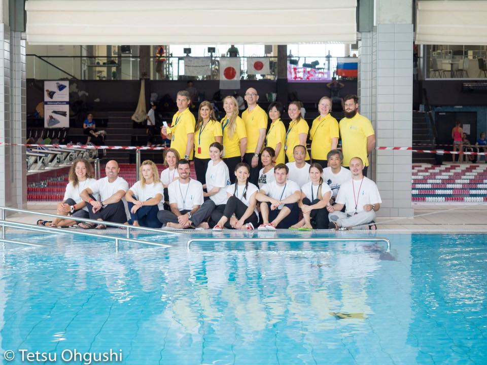 AIDA International Judges (yellow T-Shirts) and Assistant judges at the AIDA Individual Pool World Championships 2016 in Turku, Finland