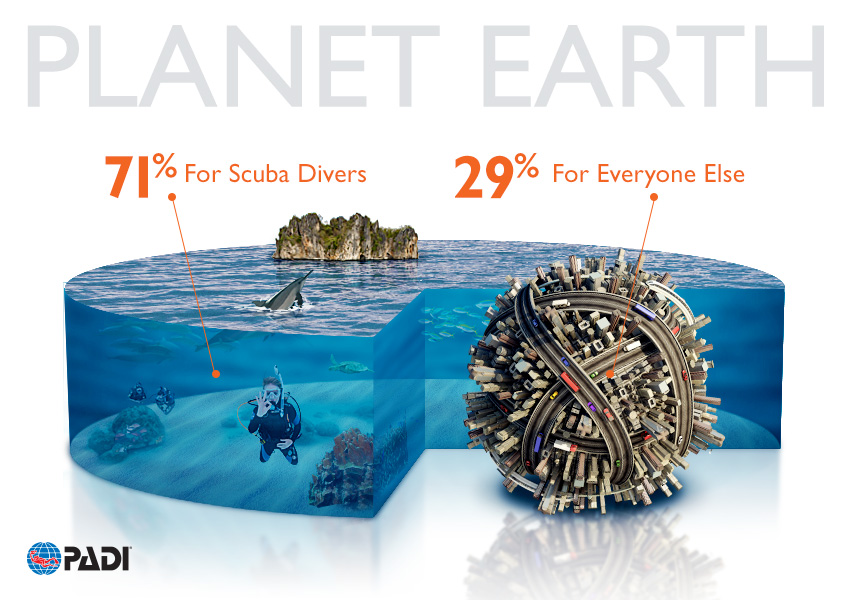 A pie chart showing 71% ocean and 29% a ball of byuildings