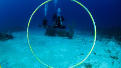a hula hoop suspended underwater for scuba divers to swim through to practice buoyancy