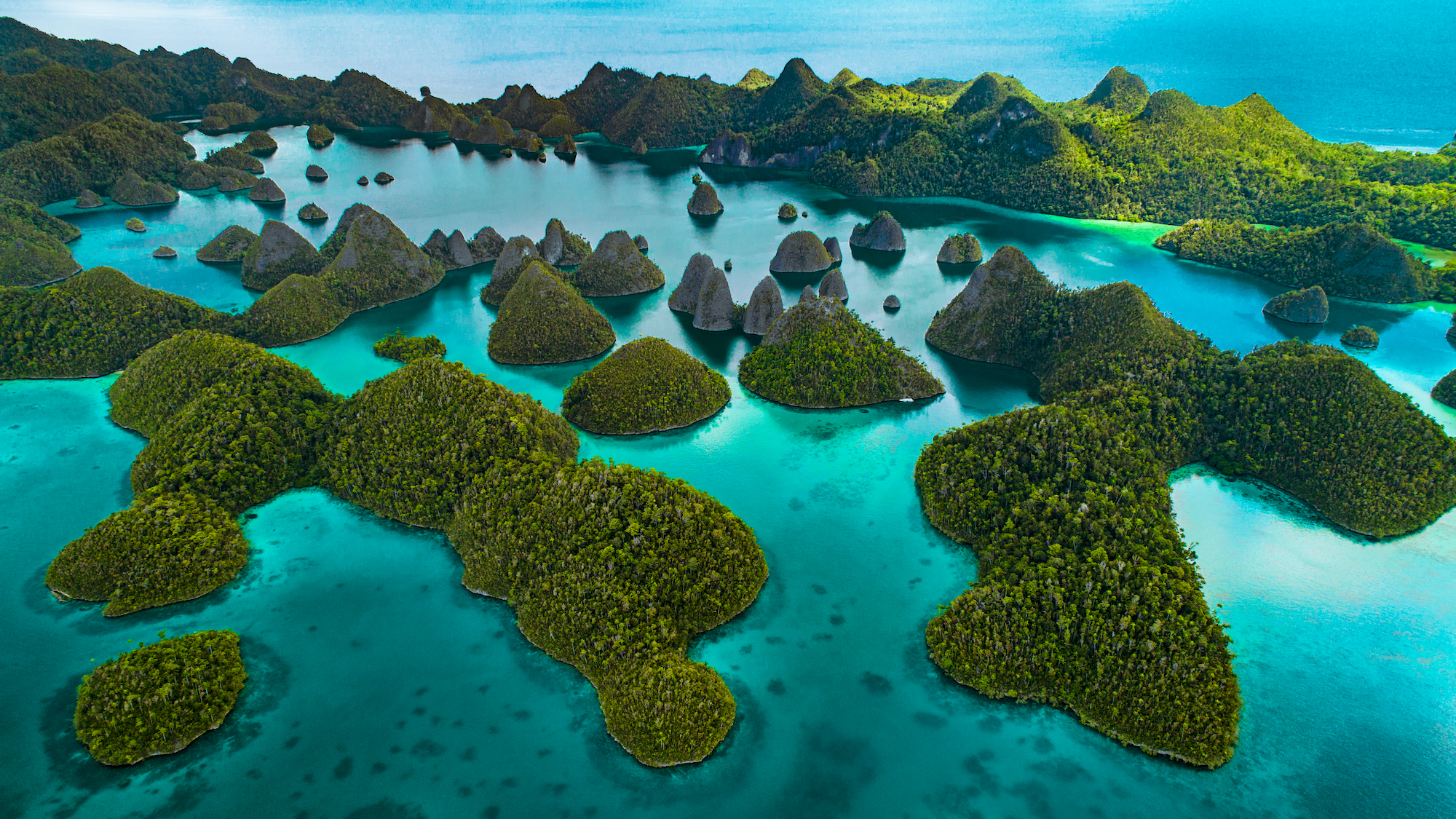 A topside aerial view of islands in Raja Ampat, Indonesia, which is one of the best diving destinations in Southeast Asia