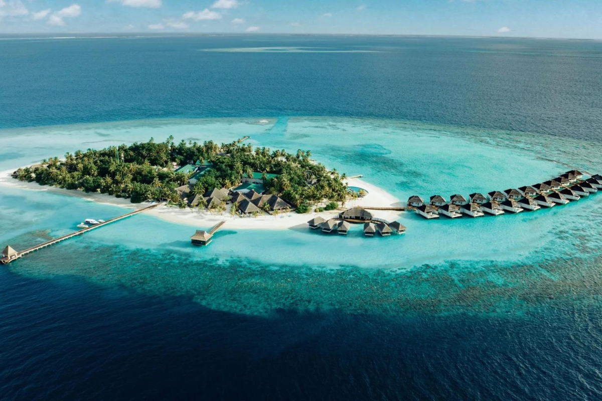 Aerial image of an Atoll, located in the Maldives.