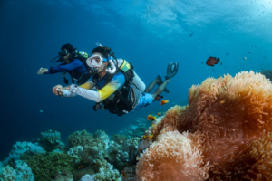 Two scuba divers diving with Nitrox, over a coral reef