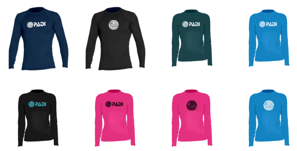 rash guards for scuba diving sun protection for men and women in black, pink and blue