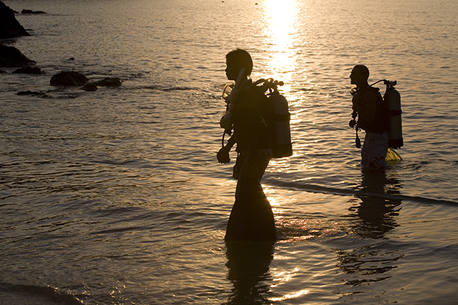Divers entering the water from a beach at sunset.