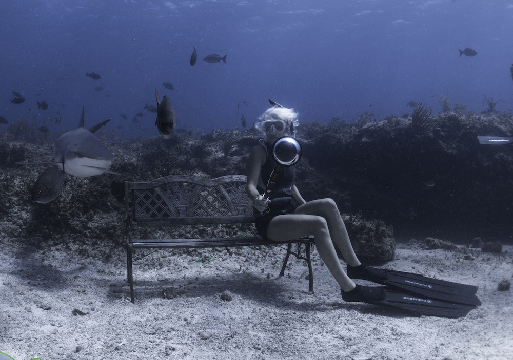 Jillian Morris freediving with Caribbean reef sharks Photo: Duncan Brake