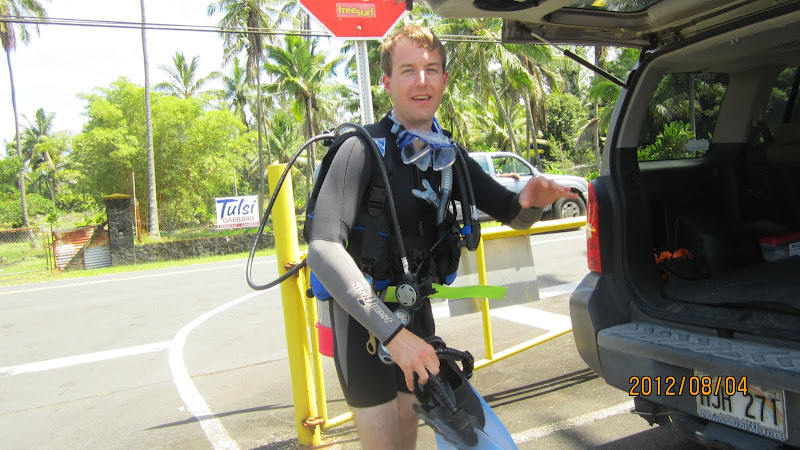 Suiting up for a dive at Leleiwi in Hilo, Hawaii