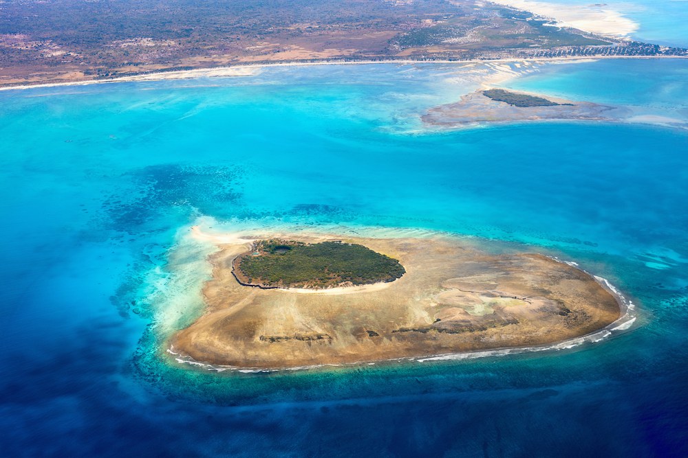 An aerial view of Quirimbas Island in Mozambique, one of the best destinations for scuba diving in July and seeing megafauna