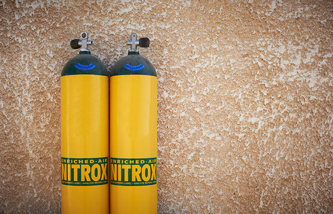 Two enriched air scuba diving cylinders - the most common mixes are 32% and 36% nitrox