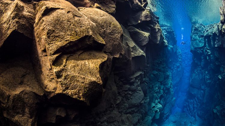 A diver in Silfra Canyon. Iceland