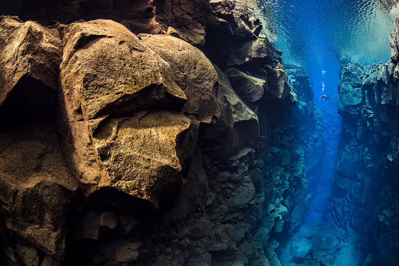 A diver in Silfra Canyon. Iceland