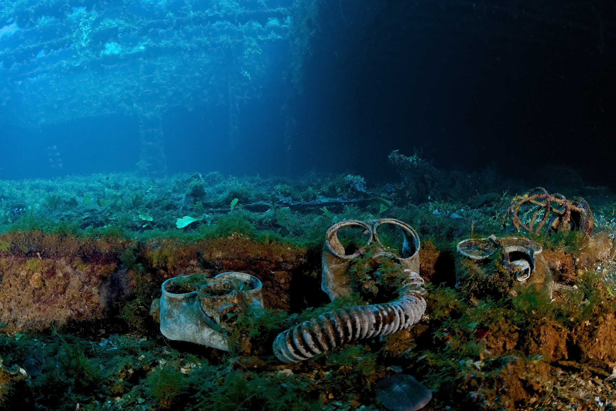 Gas mask and artifacts found at dive site, Chuuk Lagoon