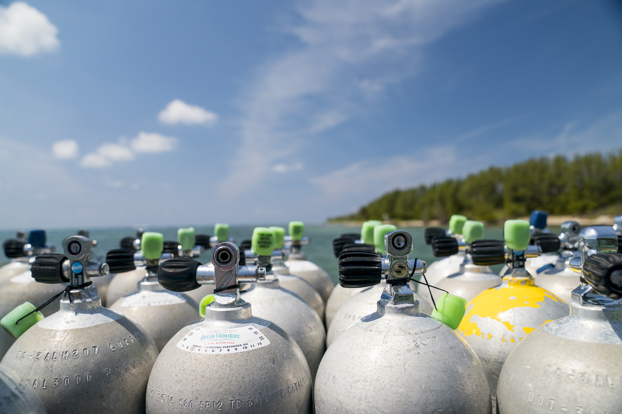 Rows of scuba diving cylinders (tanks) which contain breathing gas and are one of the most important parts of scuba equipment