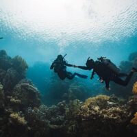 a padi instructor gives a fist bump to a diver underwater in Egypt