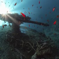 antiaircraft gun of ss thistlegorm in backlight