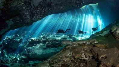 Three divers in Cenote Ponderosa (aka Jardin del Eden) pass across a sunbeam