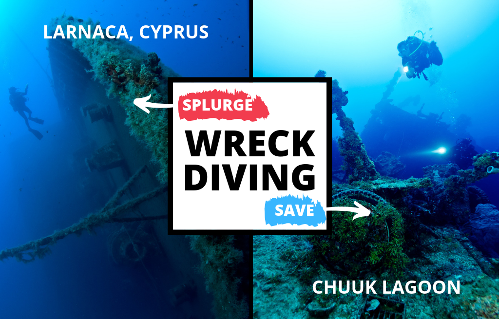A split image showing a diver with the zenobia wreck in cyprus on the left and two divers on a wreck in chuuk lagoon on the right with "wreck diving" written in the middle