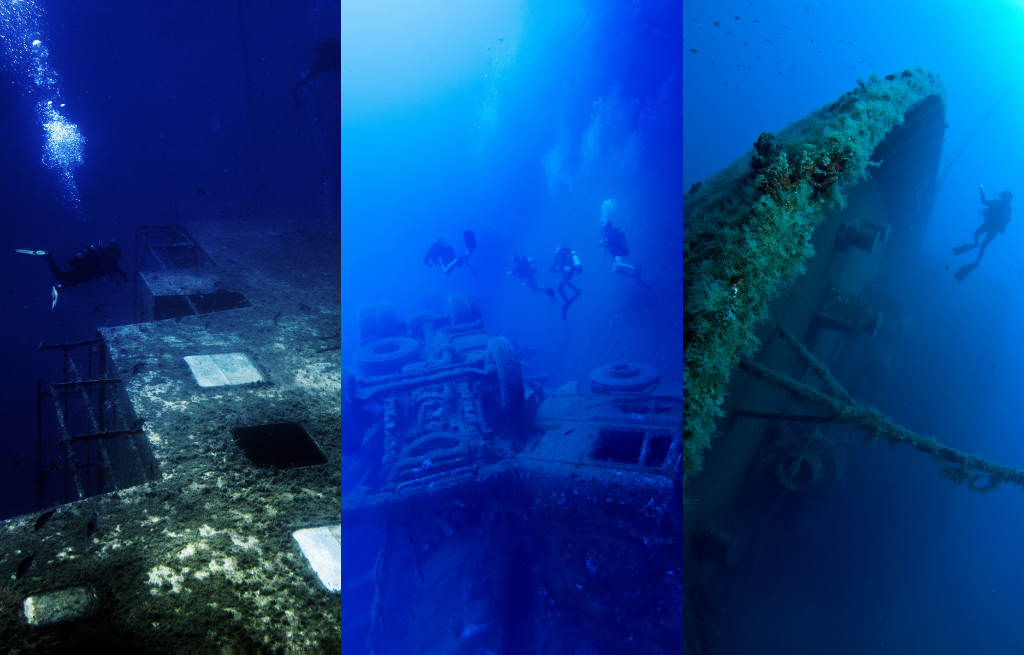 A series of photos showing divers around the Zenobia shipwreck in Cyprus
