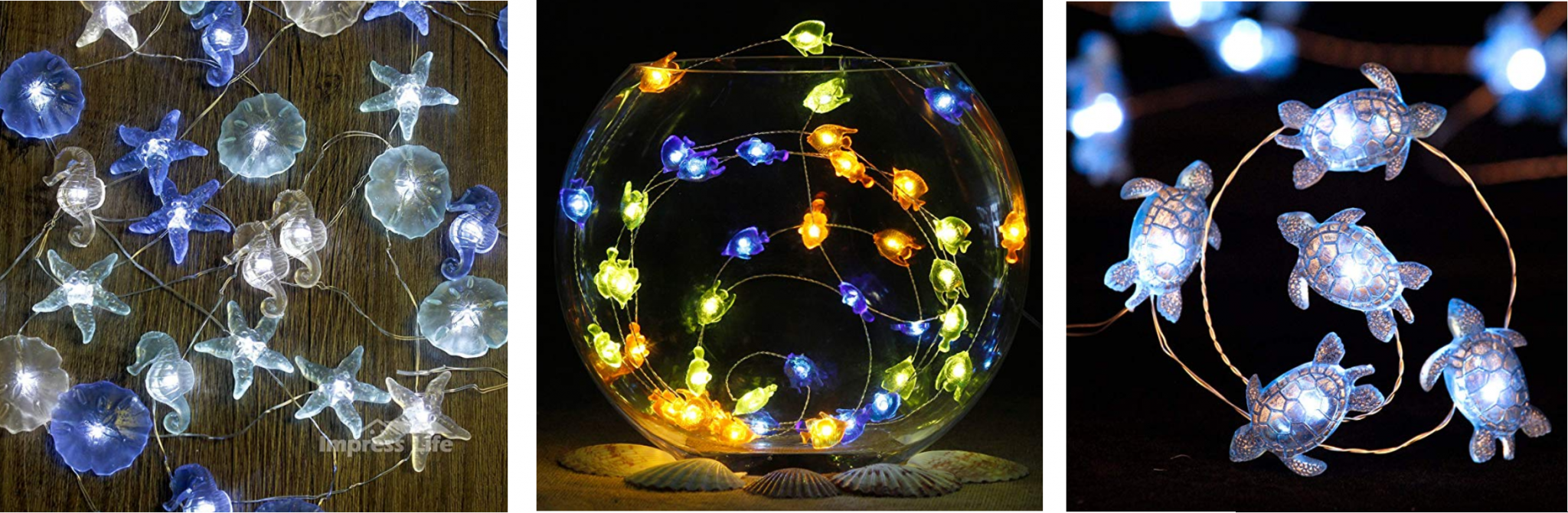 Three examples of ocean-themed string lights, because what is an eco-friendly office without a turtle, fish or seahorse decor