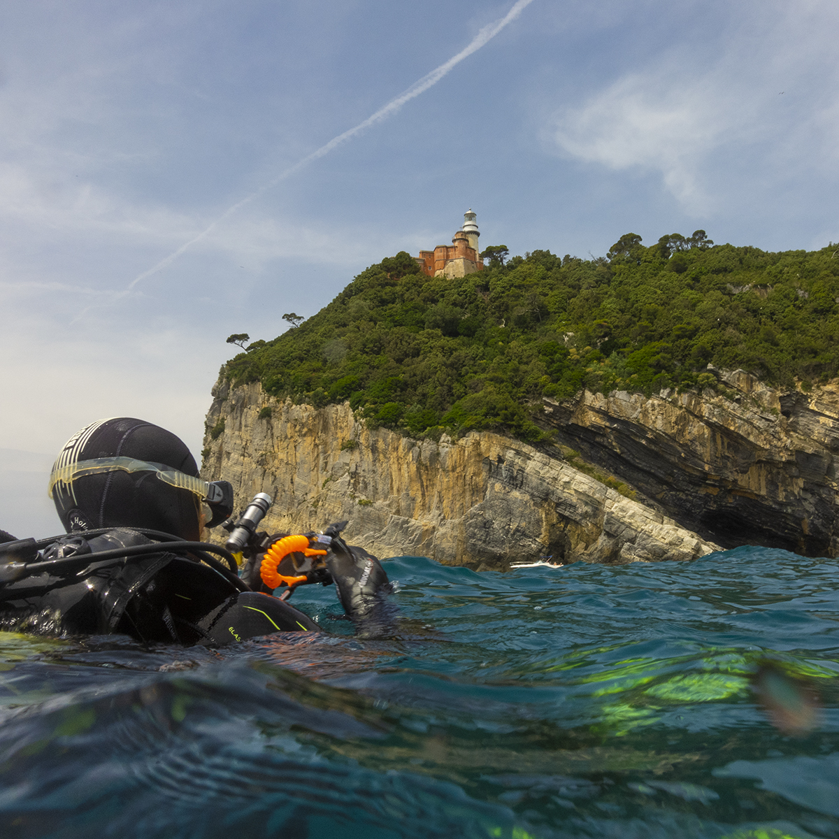 Taucher an der Oberfläche vor einer Insel