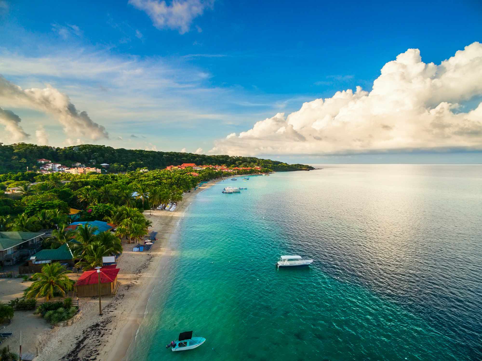 A beautiful lush beach and turquoise waters at Roatan, Honduras, one of the top March vacation destinations for scuba divers