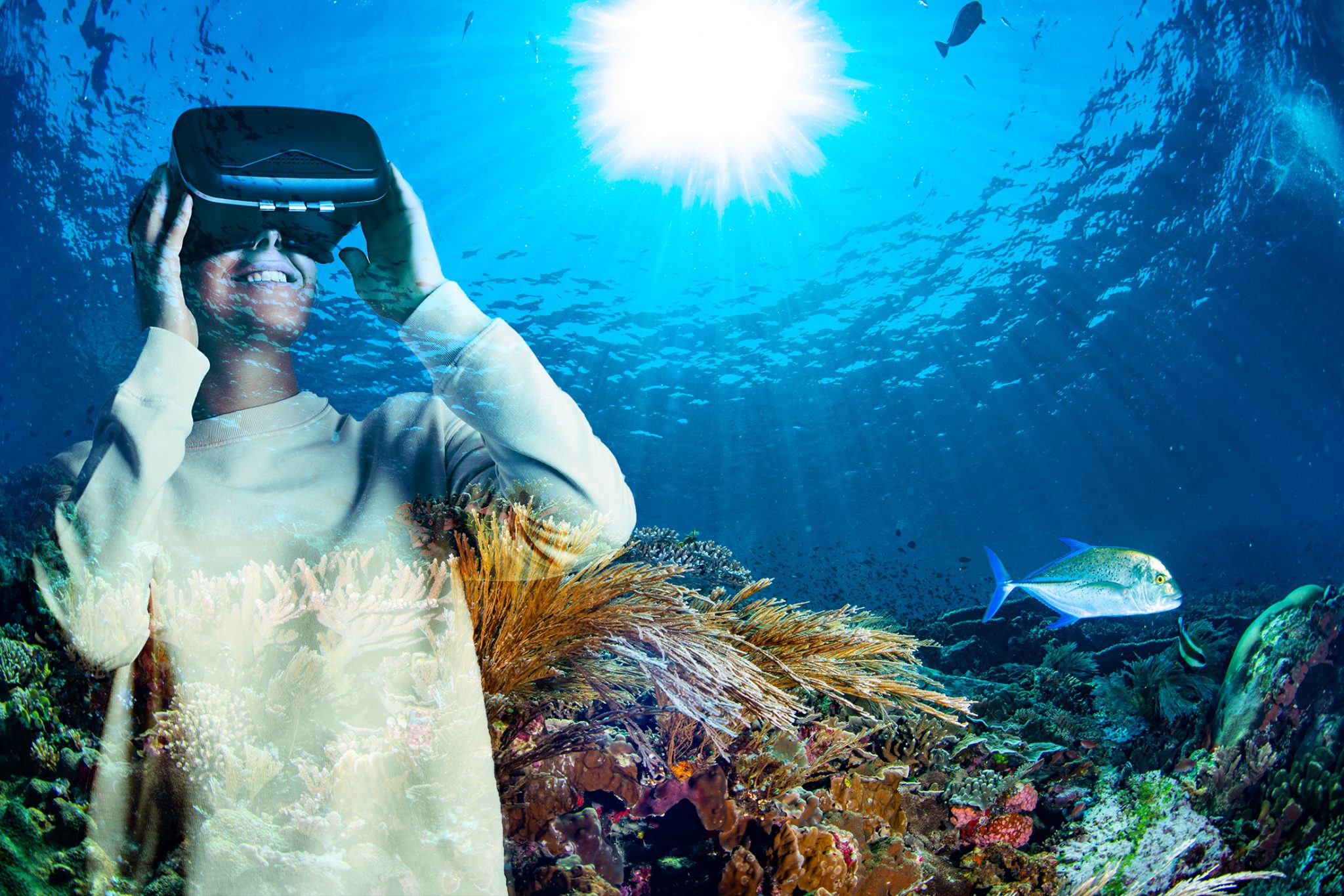 A diver enjoying a virtual reality scuba dive which is one way how to get over a fear of scuba diving in exposure therapy