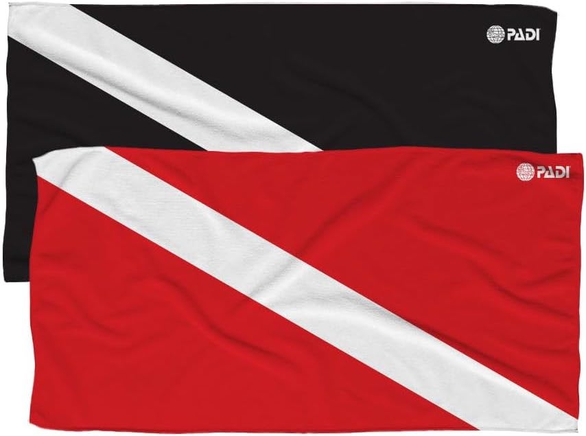 Red and black PADI Dive Flag beach towels made of recycled plastic, which are great ideas for non-disposable gifts for divers