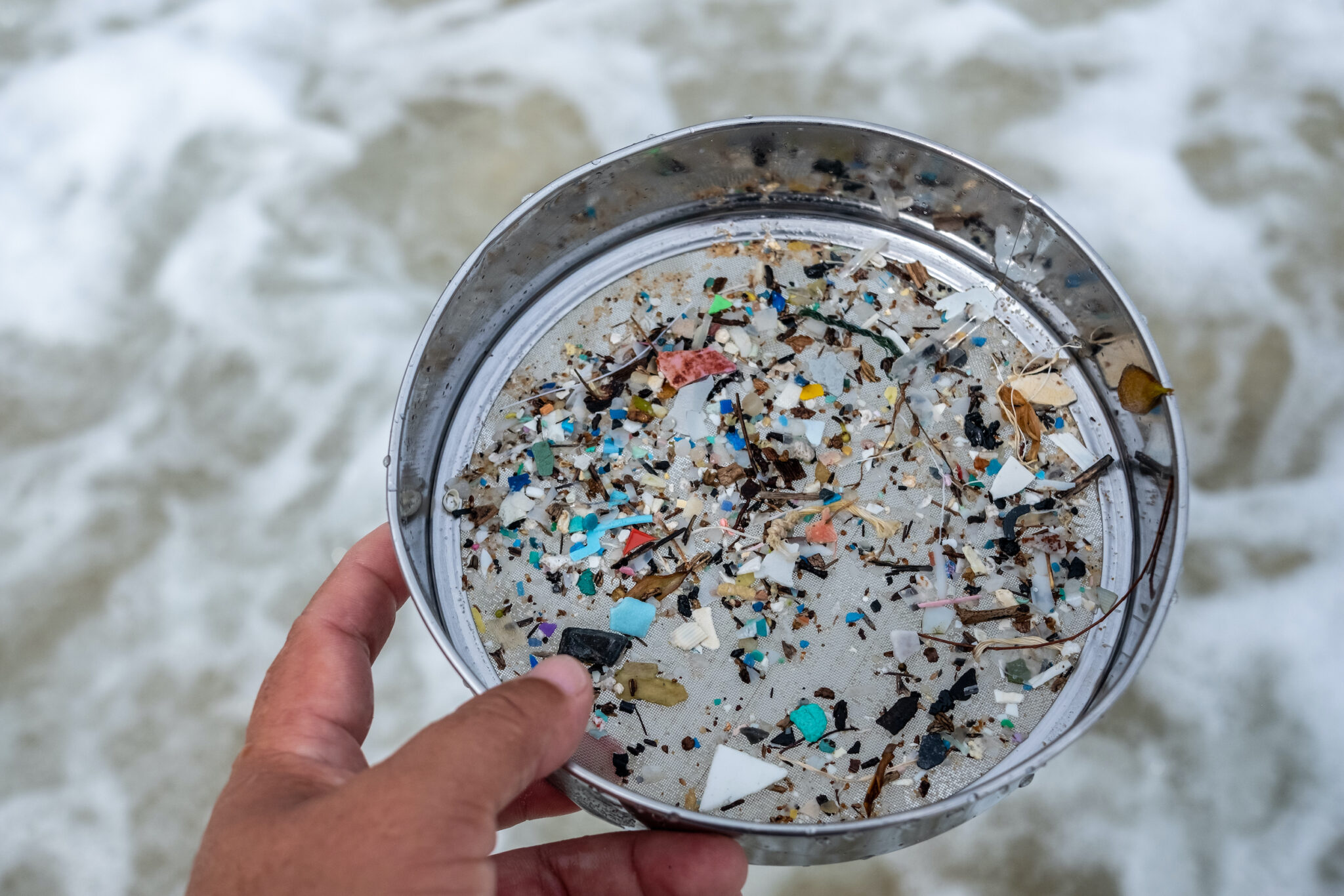 A hand holds up a sieve with microplastics collected on a beach