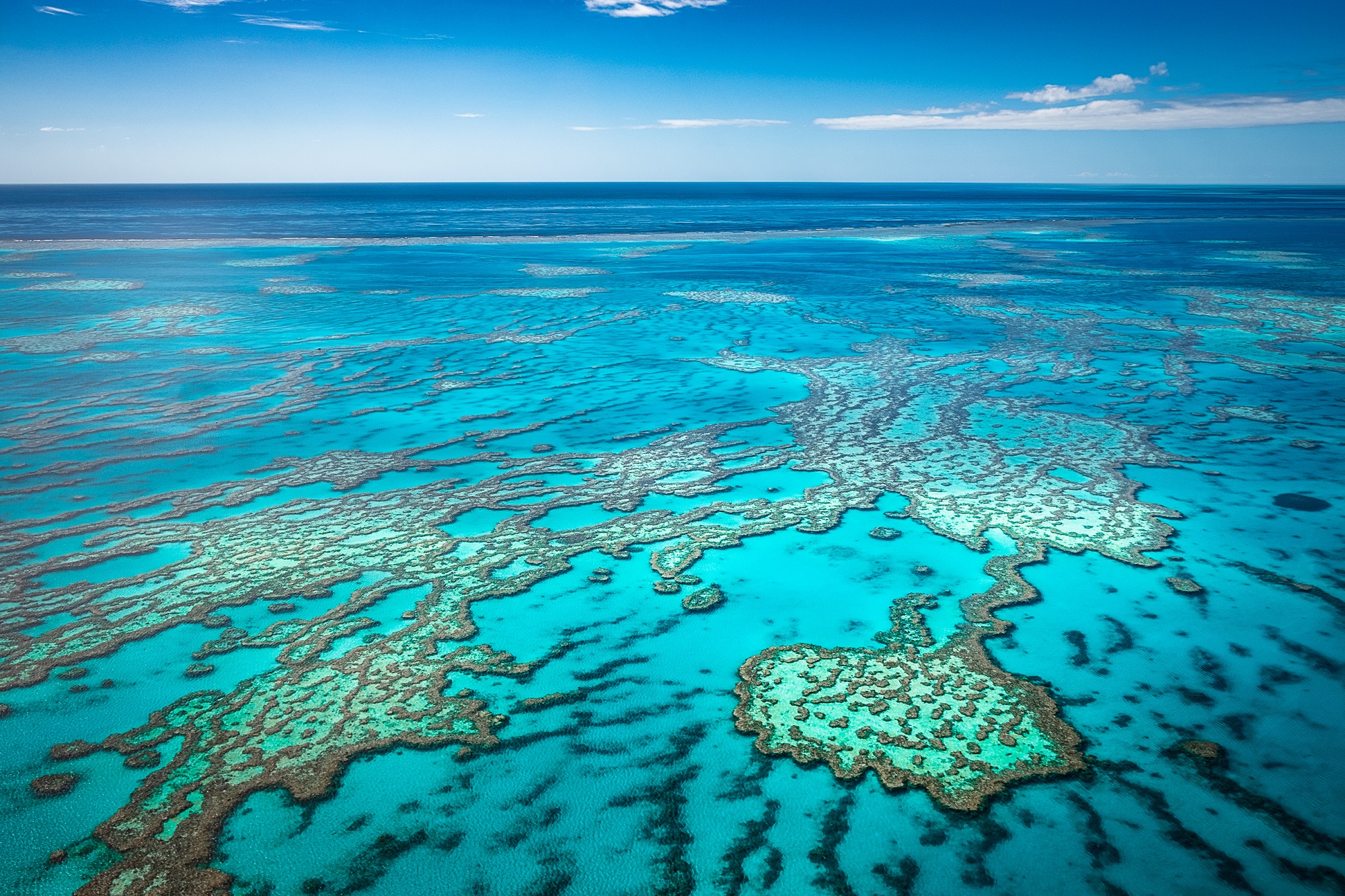 An aerial photo of the Great Barrier Reef in Australia, one of the best places to dive in October to witness coral spawning