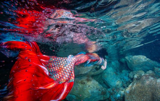 Mermaid swimming through water past rocks