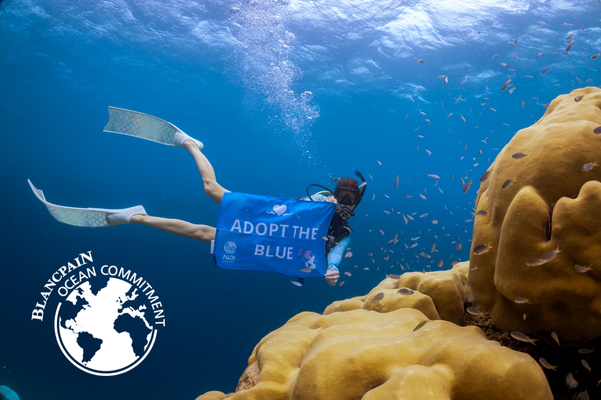 Taucher hält die Adopt the Blue-Flagge unter Wasser; mit dem Blancpain-Logo