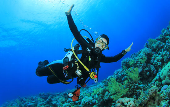 scuba diver having fun floating above a reef