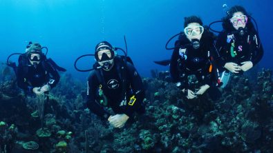 Parents and kids scuba diving