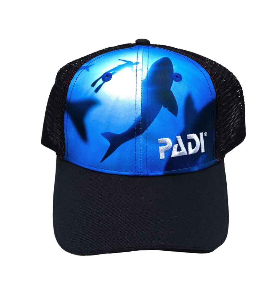 A hat with sharks on it