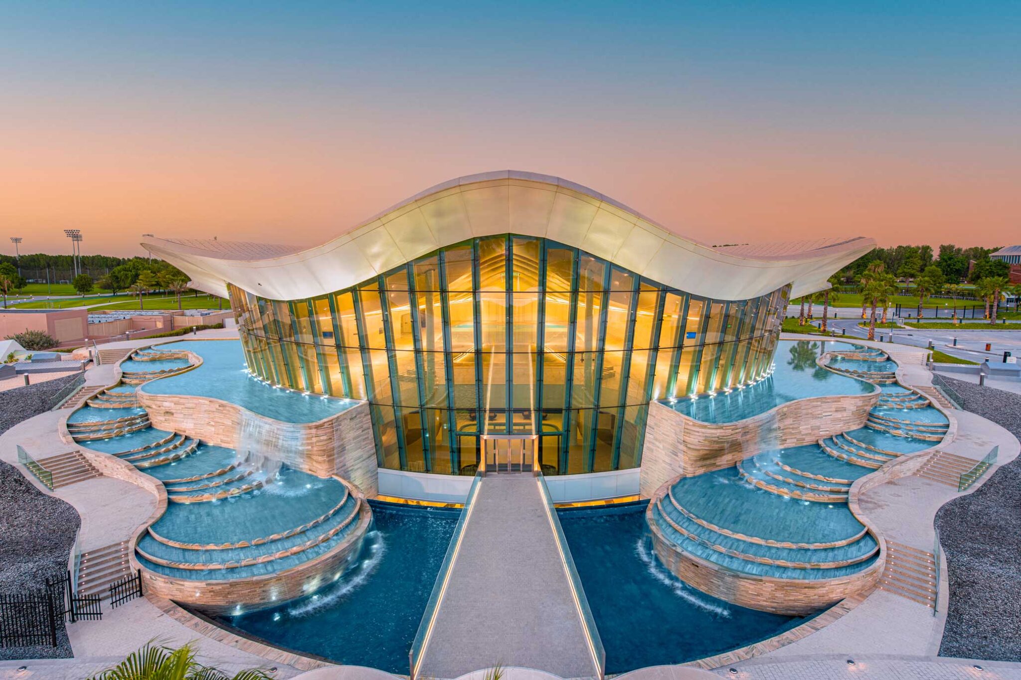 The oyster-shaped exterior of Deep Dive Dubai, which is home to one of the best deep pools in the world
