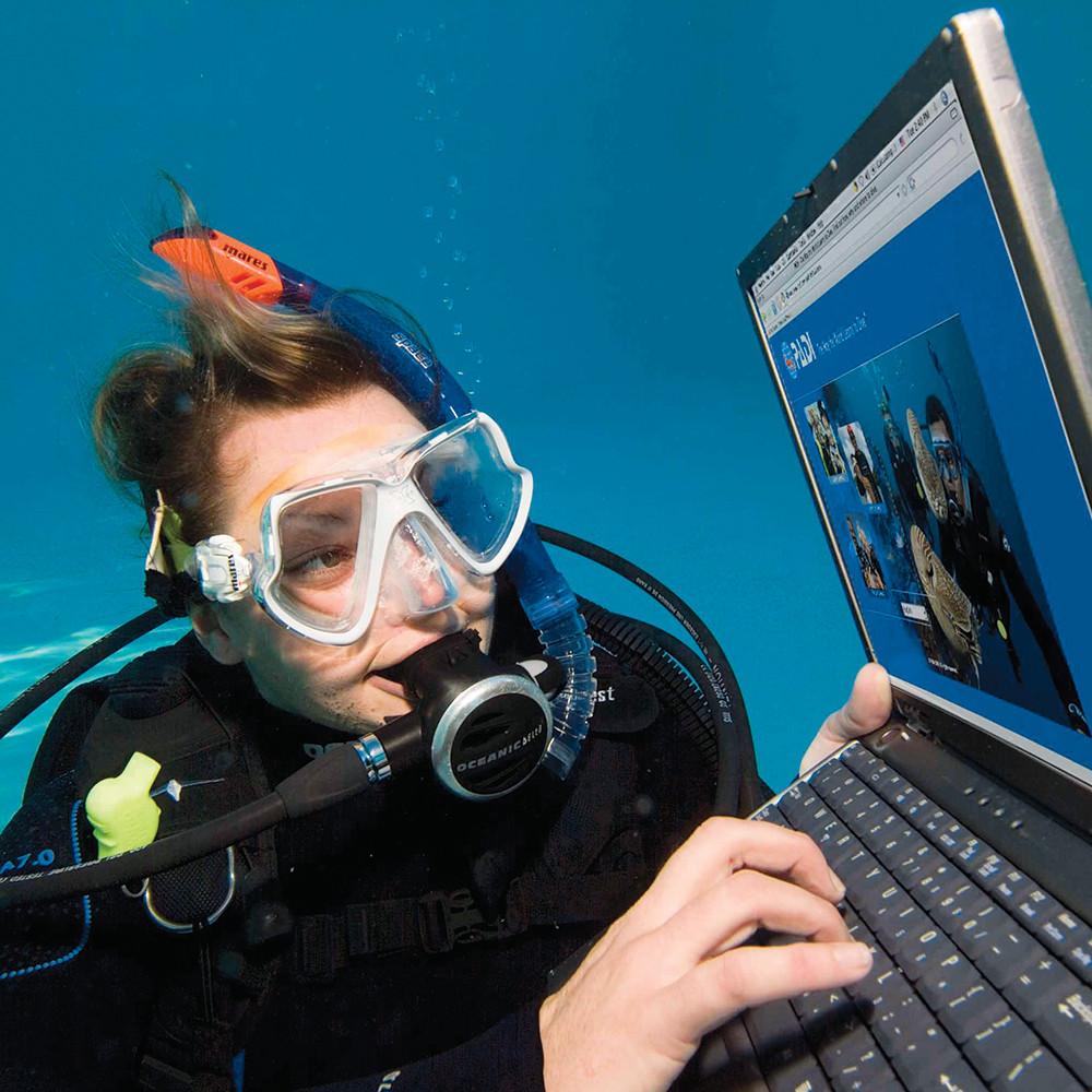A diver "studies" while underwater