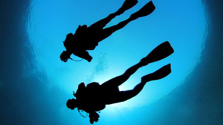two scuba divers in sillhouette
