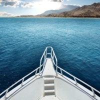 Front view of liveaboard on the water