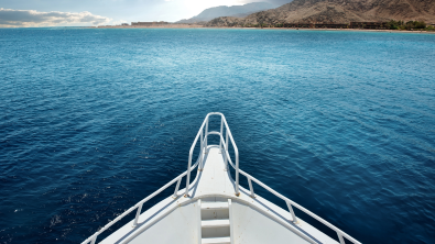 Front view of liveaboard on the water